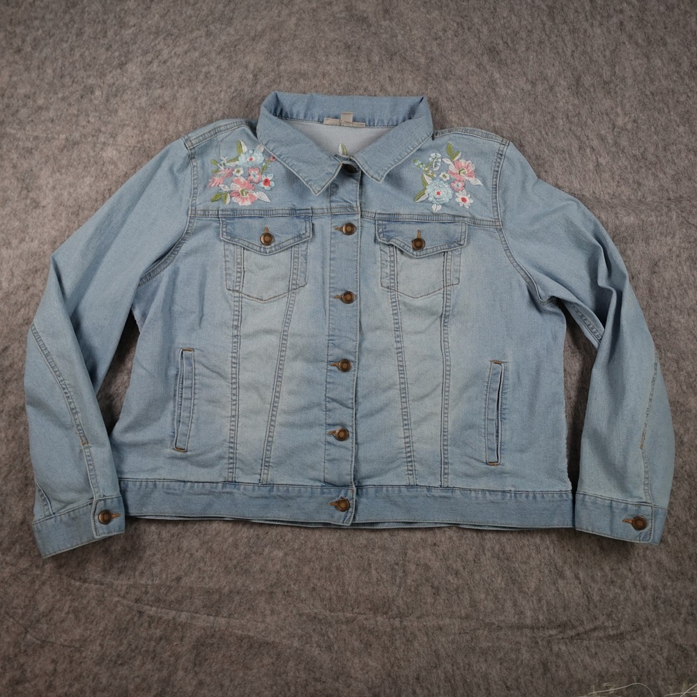 Woman Within Jacket Women 20 Light Blue Floral Embroidered Denim Button Front